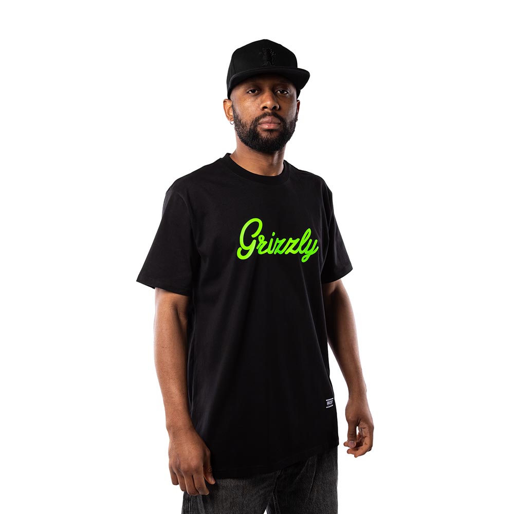 Polera Hombre Grizzly Griptape Print Script Negro Neon