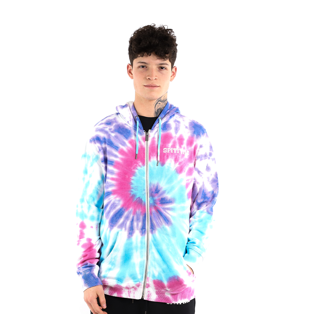 Polerón full zipper con capucha lila turquesa tie dye spitfire hombre street culture season
